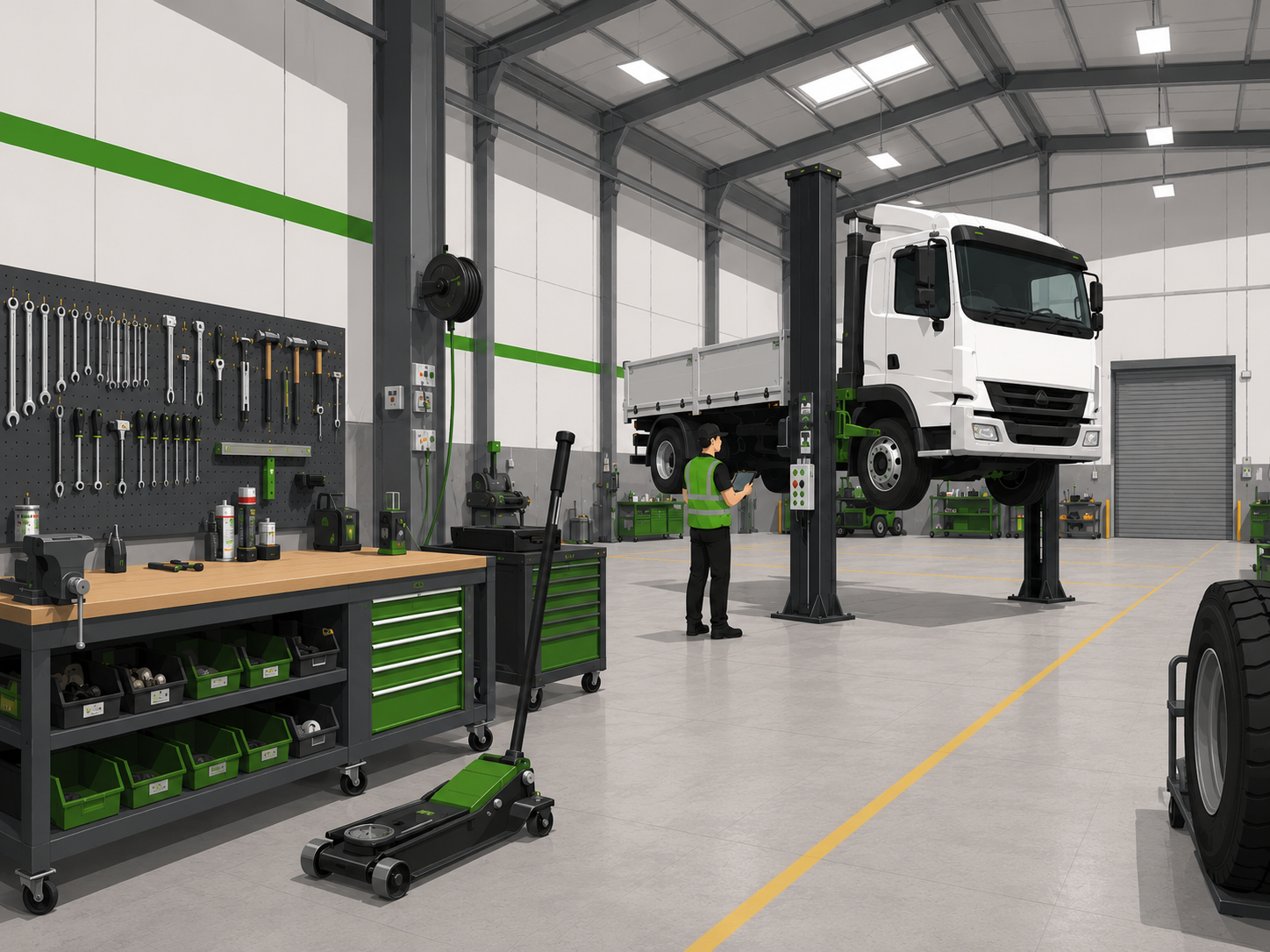 Illustration of a Rays Haulage workshop showing the workbench, parts bins and pegboard tool wall